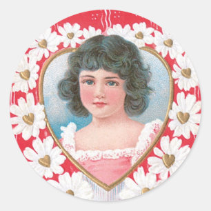 Antique Valentine Girl Flower Classic Round Sticker