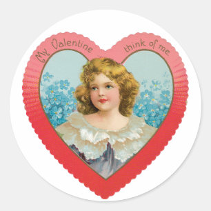 Antique Valentine Girl Heart Classic Round Sticker