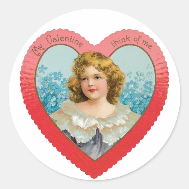 Antique Valentine Girl Heart Classic Round Sticker (Front)