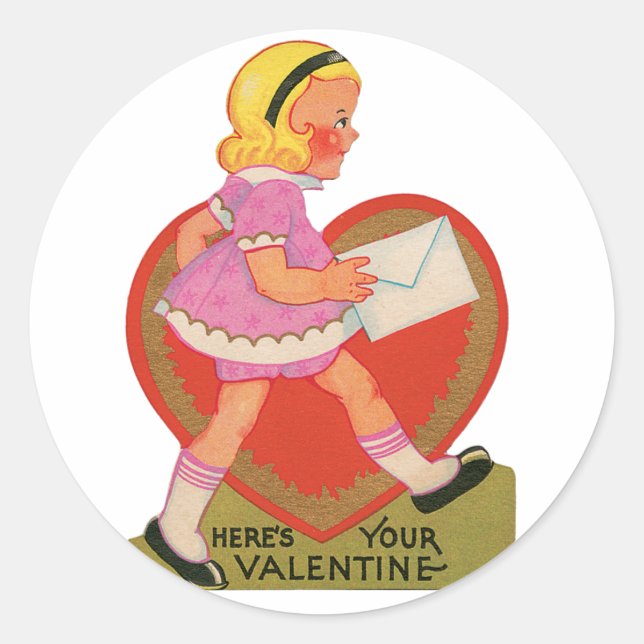 Antique Valentine Girl Heart Classic Round Sticker (Front)