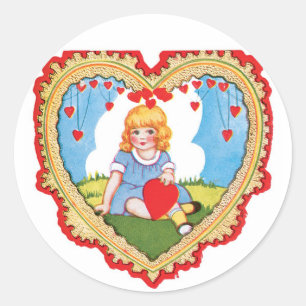 Antique Valentine Girl Heart Classic Round Sticker