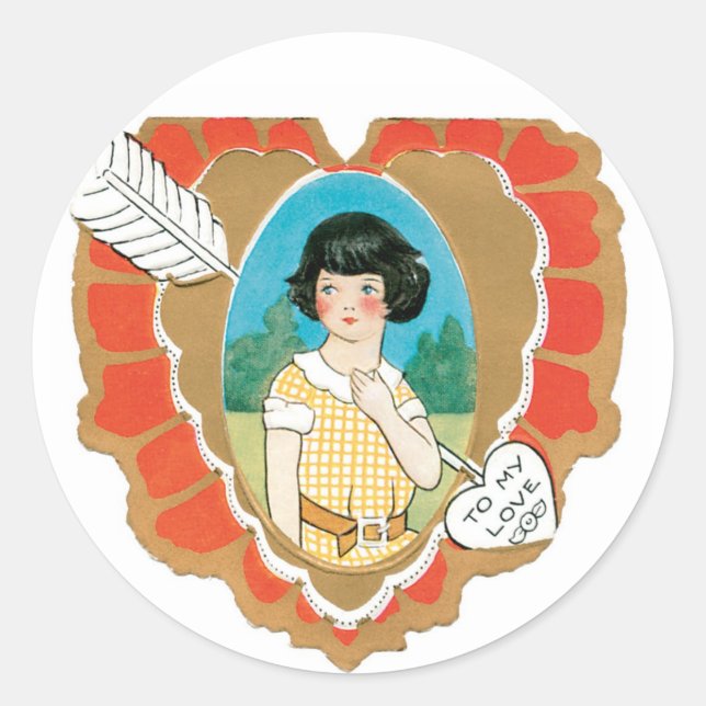 Antique Valentine Girl Heart Classic Round Sticker (Front)