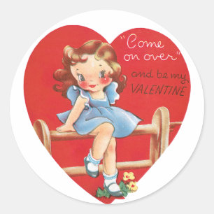 Antique Valentine Girl Heart Classic Round Sticker