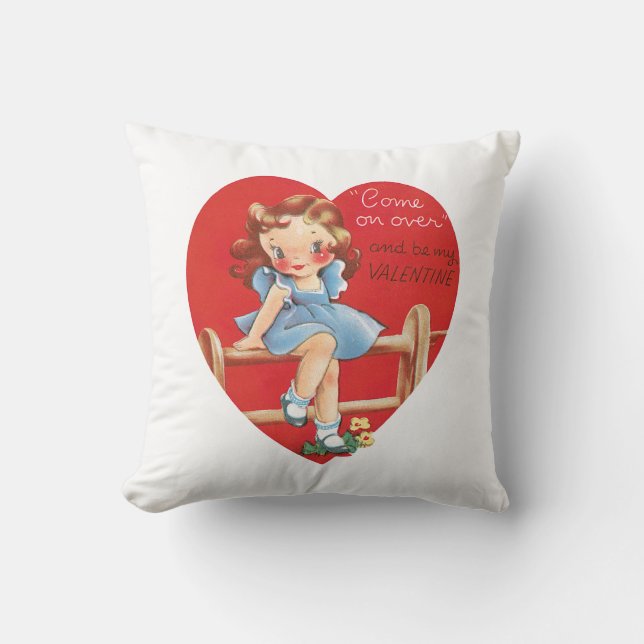Antique Valentine Girl Heart Throw Pillow (Front)