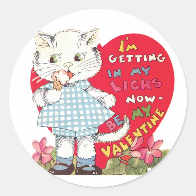 Antique Valentine Kitten Heart Classic Round Sticker (Front)