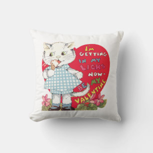 Antique Valentine Kitten Heart Throw Pillow