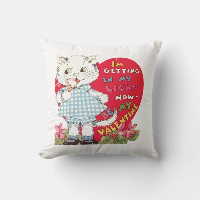 Antique Valentine Kitten Heart Throw Pillow (Front)