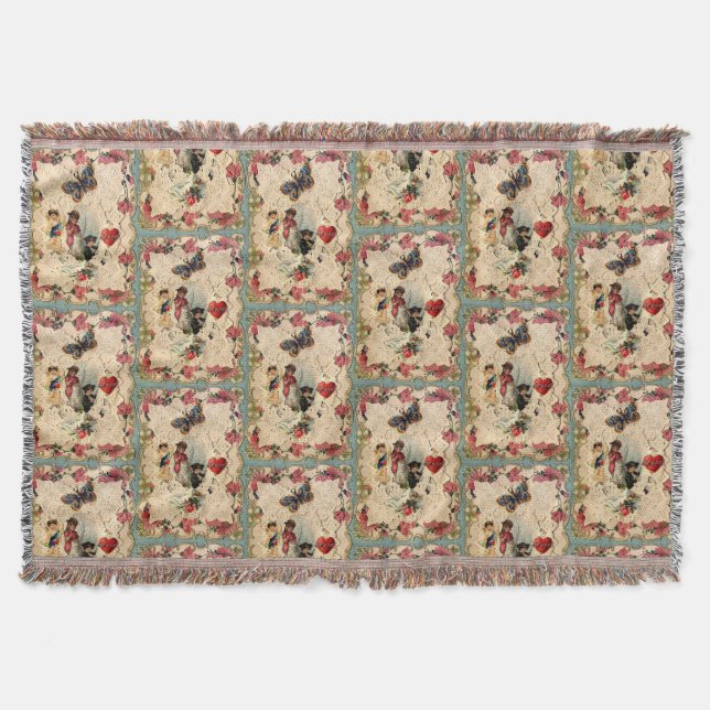 ANTIQUE VALENTINE LACE,CUPID,LOVERS AND BUTTERFLY THROW BLANKET (Front)