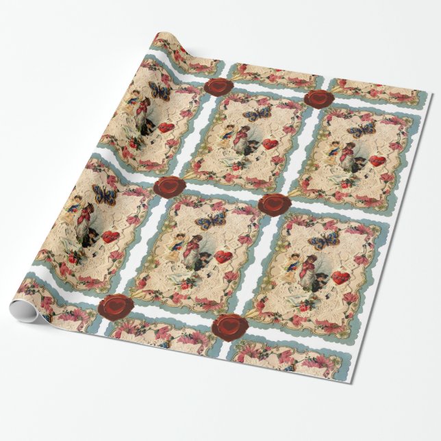 ANTIQUE VALENTINE LACE,CUPID,LOVERS AND BUTTERFLY WRAPPING PAPER (Unrolled)