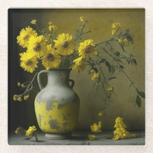 Antique Vase of Yellow Flowers Glass Coaster
