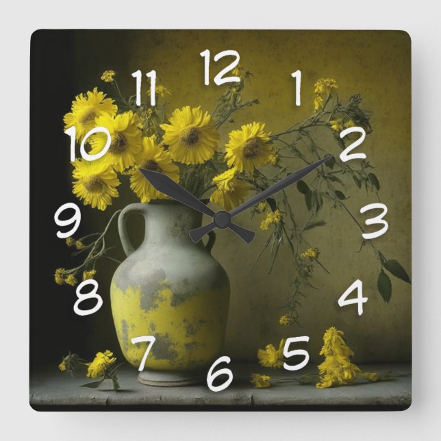 Antique Vase of Yellow Flowers Square Wall Clock (Front)