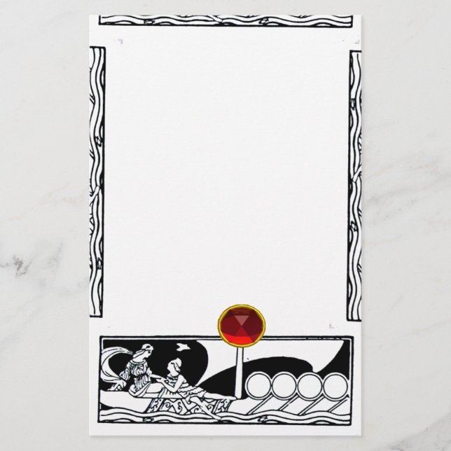 ANTIQUE VESSEL AND LOVERS Red Ruby Gem Black White Stationery (Front)