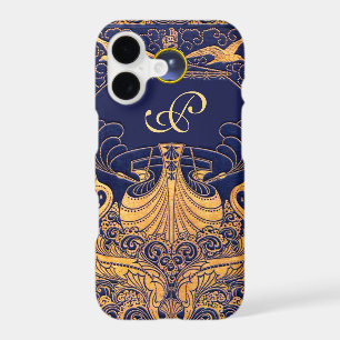 Antique Vessel,Dolphins,Gold,Navy Blue Monogram