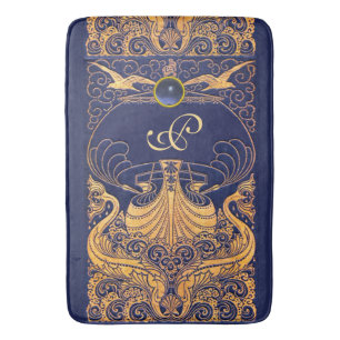 Antique Vessel,Dolphins,Gold,Navy Blue Monogram Bath Mat