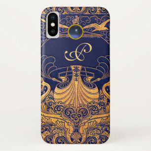 Antique Vessel,Dolphins,Gold,Navy Blue Monogram Case-Mate iPhone Case