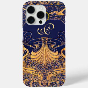 Antique Vessel,Dolphins,Gold,Navy Blue Monogram iPhone 15 Pro Max Case