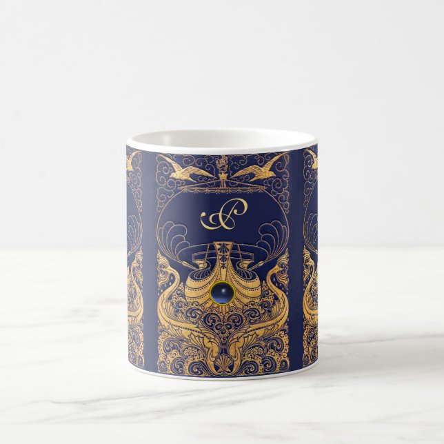 Antique Vessel,Dolphins,Gold,Navy Blue Monogram Coffee Mug (Center)