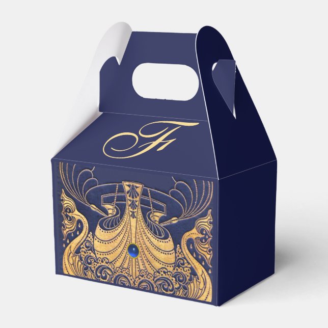 Antique Vessel,Dolphins,Gold,Navy Blue Monogram Favor Box (Front Side)