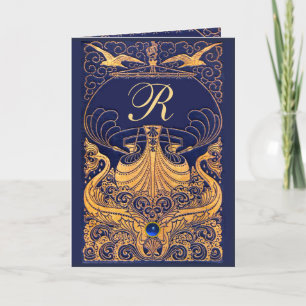 Antique Vessel,Dolphins,Gold,Navy Blue Monogram Invitation