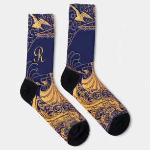 Antique Vessel,Dolphins,Gold,Navy Blue Monogram Socks