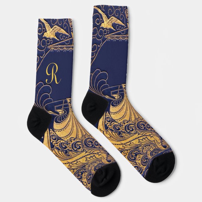 Antique Vessel,Dolphins,Gold,Navy Blue Monogram Socks (Right)