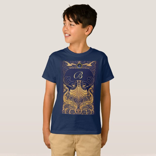 Antique Vessel,Dolphins,Gold,Navy Blue Monogram T-Shirt (Front Full)