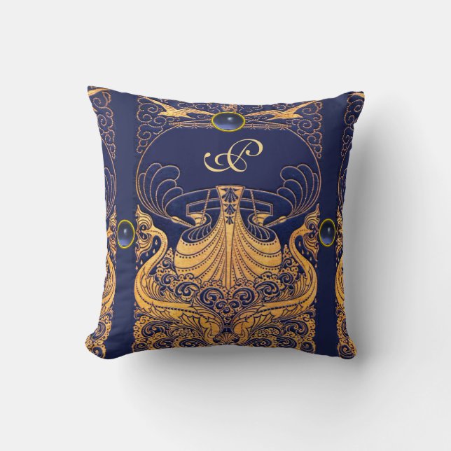 Antique Vessel,Dolphins,Gold,Navy Blue Monogram Throw Pillow (Front)
