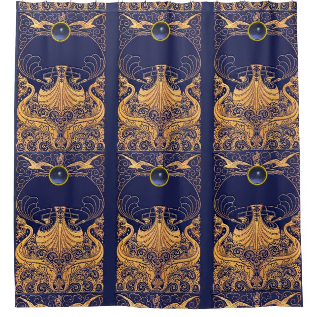 Antique Vessel,Dolphins,Gold,Navy Blue Nautical (Front)