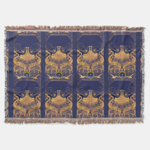 Antique Vessel,Dolphins,Gold,Navy Blue Nautical Throw Blanket