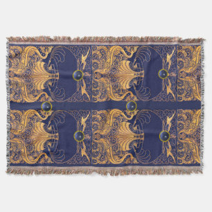 Antique Vessel,Dolphins,Gold,Navy Blue Nautical Throw Blanket