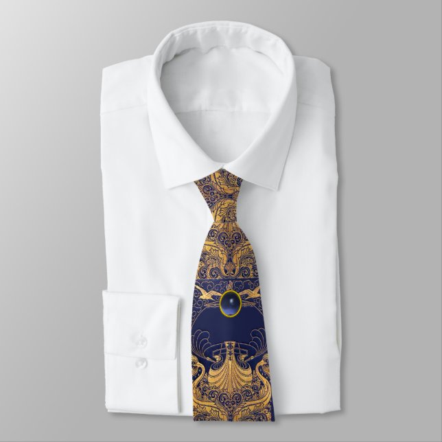 Antique Vessel,Dolphins,Gold,Navy Blue Nautical Tie (Tied)