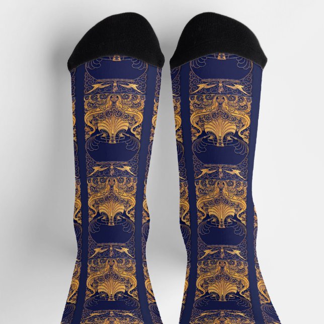 Antique Vessel,Dolphins,Gold,Navy Blue Pattern  Socks (Top)