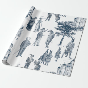 antique victorian animal toile anthropomorph blue wrapping paper