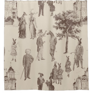 antique victorian animals brown beige toile