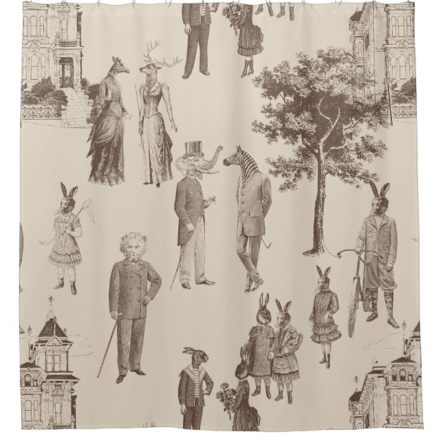 antique victorian animals brown beige toile (Front)