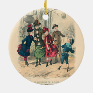 Antique Victorian Children Play Ball 1880 Winter Ceramic Ornament