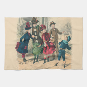 Antique Victorian Children Play Ball 1880 Winter Kitchen Towel