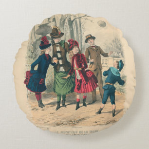 Antique Victorian Children Play Ball 1880 Winter Round Pillow