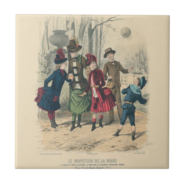 Antique Victorian Children Play Ball 1880 Winter Tile (Front)