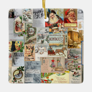 Antique Victorian Christmas Ephemera Collage Art Ceramic Ornament