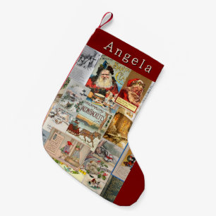 Antique Victorian Christmas Ephemera Collage Art Small Christmas Stocking