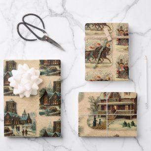 Antique Victorian Christmas Sleigh Ride Church Wrapping Paper Sheet
