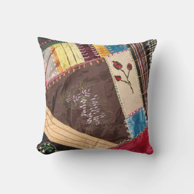 Antique, Victorian-Era, Crazy Quilt Square Throw Pillow (Front)