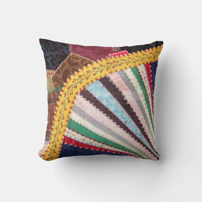 Antique, Victorian-Era, Crazy Quilt Square Throw Pillow (Front)