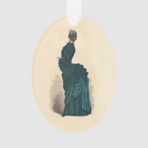 Antique Victorian Fashion Plate: Teal Bustle Dress Ornament
