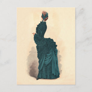 Antique Victorian Fashion Plate: Teal Bustle Dress Postcard