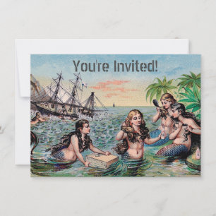Antique Victorian Mermaids Treasure Ship Vintage Invitation