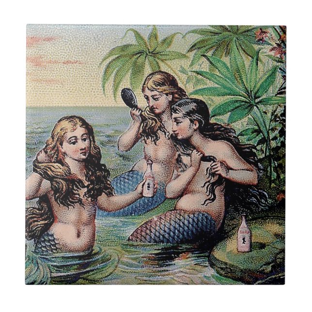 Antique Victorian Mermaids Treasure Ship Vintage Tile (Front)