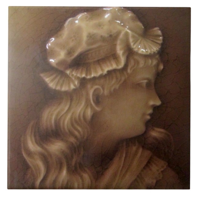 Antique Victorian Repro Girl Portrait Majolica Tile (Front)