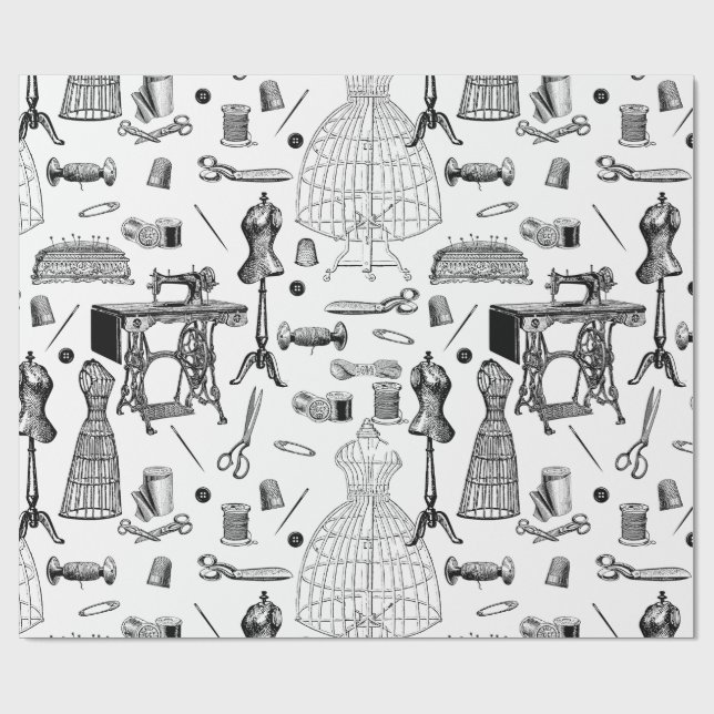 antique victorian sewing machine black white toile wrapping paper (Flat)